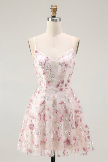 Pink Floral Sequins A Line Short Prom Dress with Lace Up Back